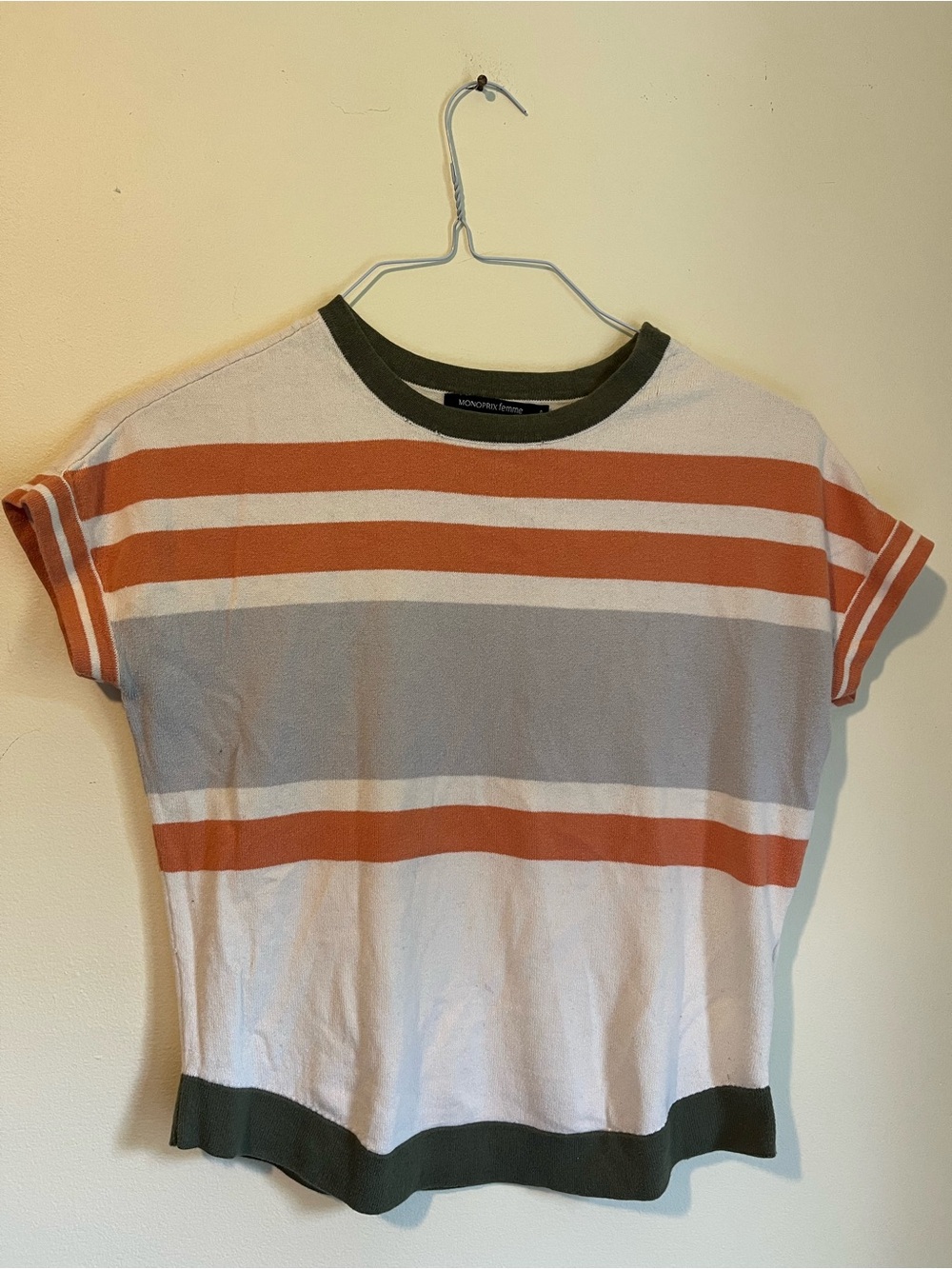 Monoprix Femme Striped Short Sleeve Knit Top — Rust, Olive & Cream